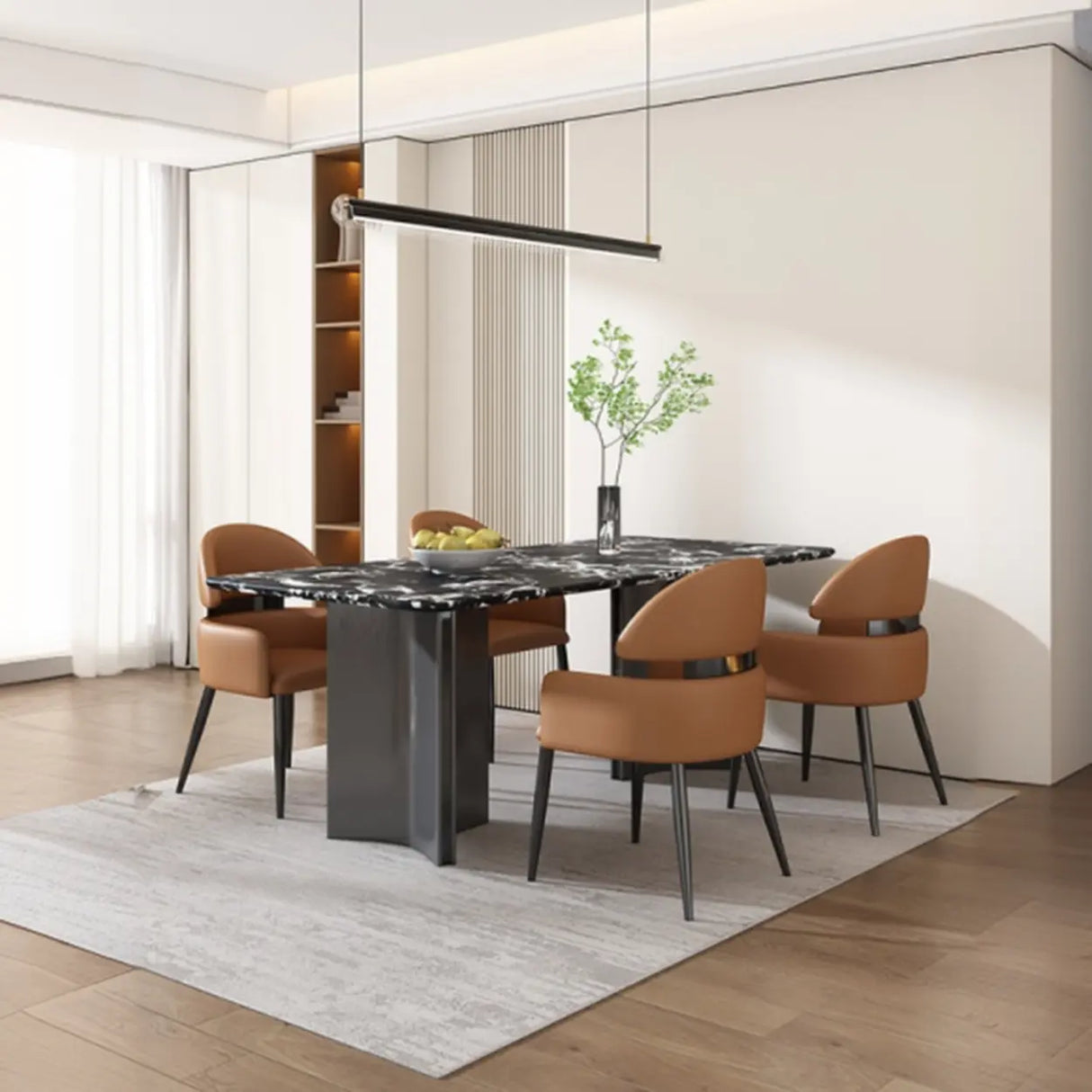 Contemporary Brown Leather Upholstered Armrest Dining Chair Image - 4