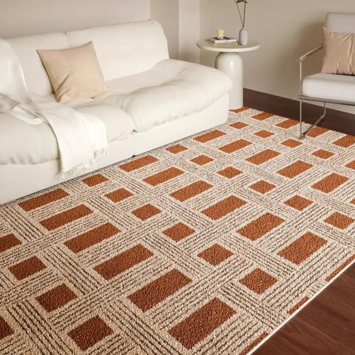 Contemporary Checkered Polypropylene Camel Area Rug Image - 1