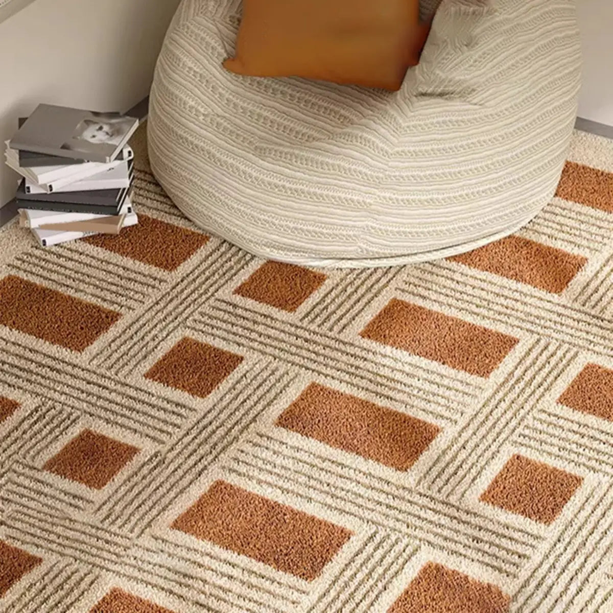 Contemporary Checkered Polypropylene Camel Area Rug Image - 4