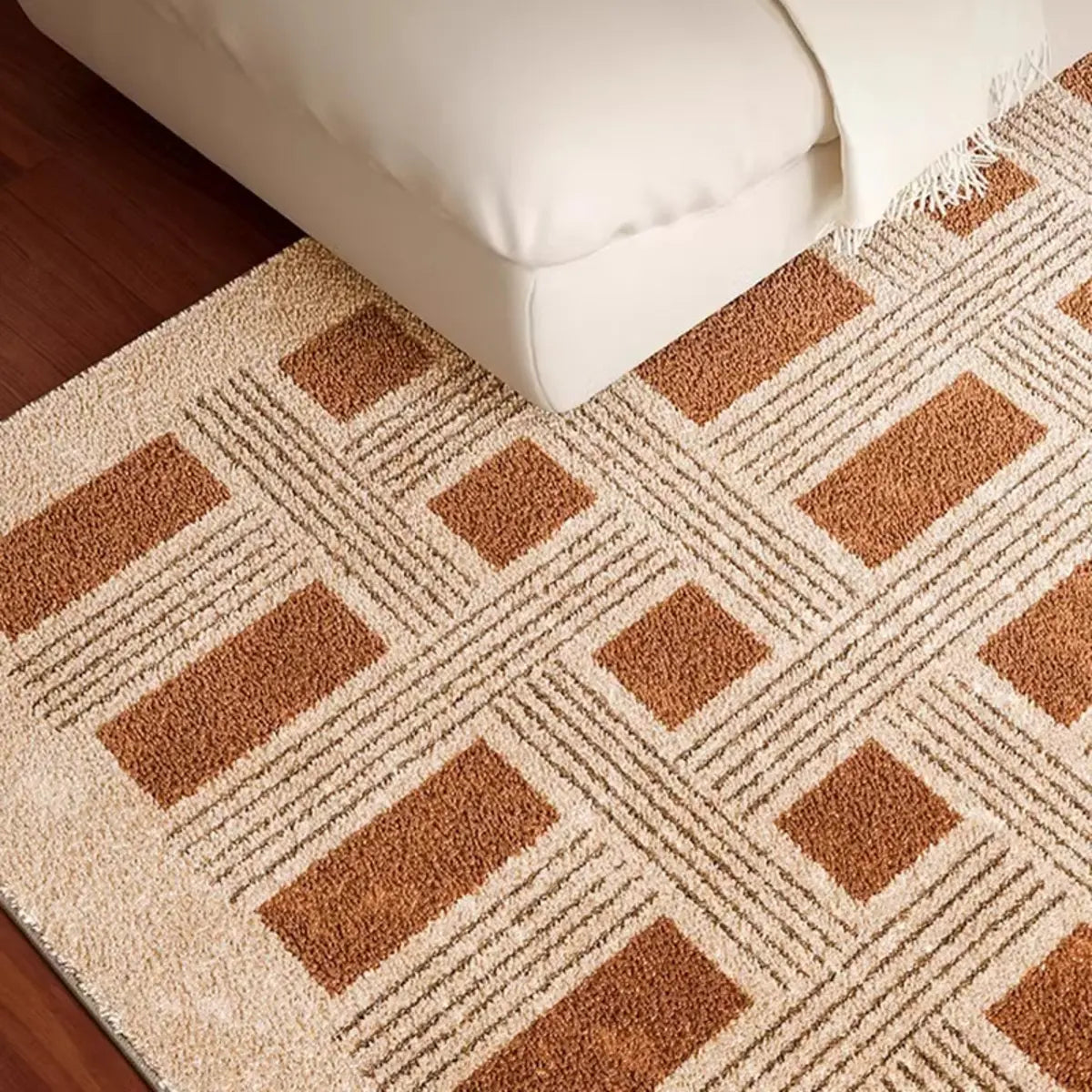 Contemporary Checkered Polypropylene Camel Area Rug Image - 7