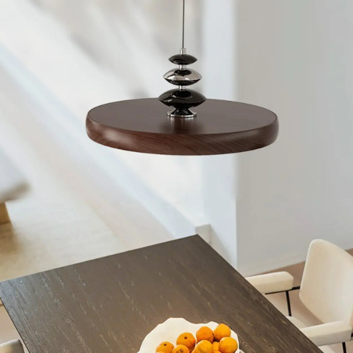 Contemporary Circle Acrylic Dining Room Walnut Pendant Light Image - 1
