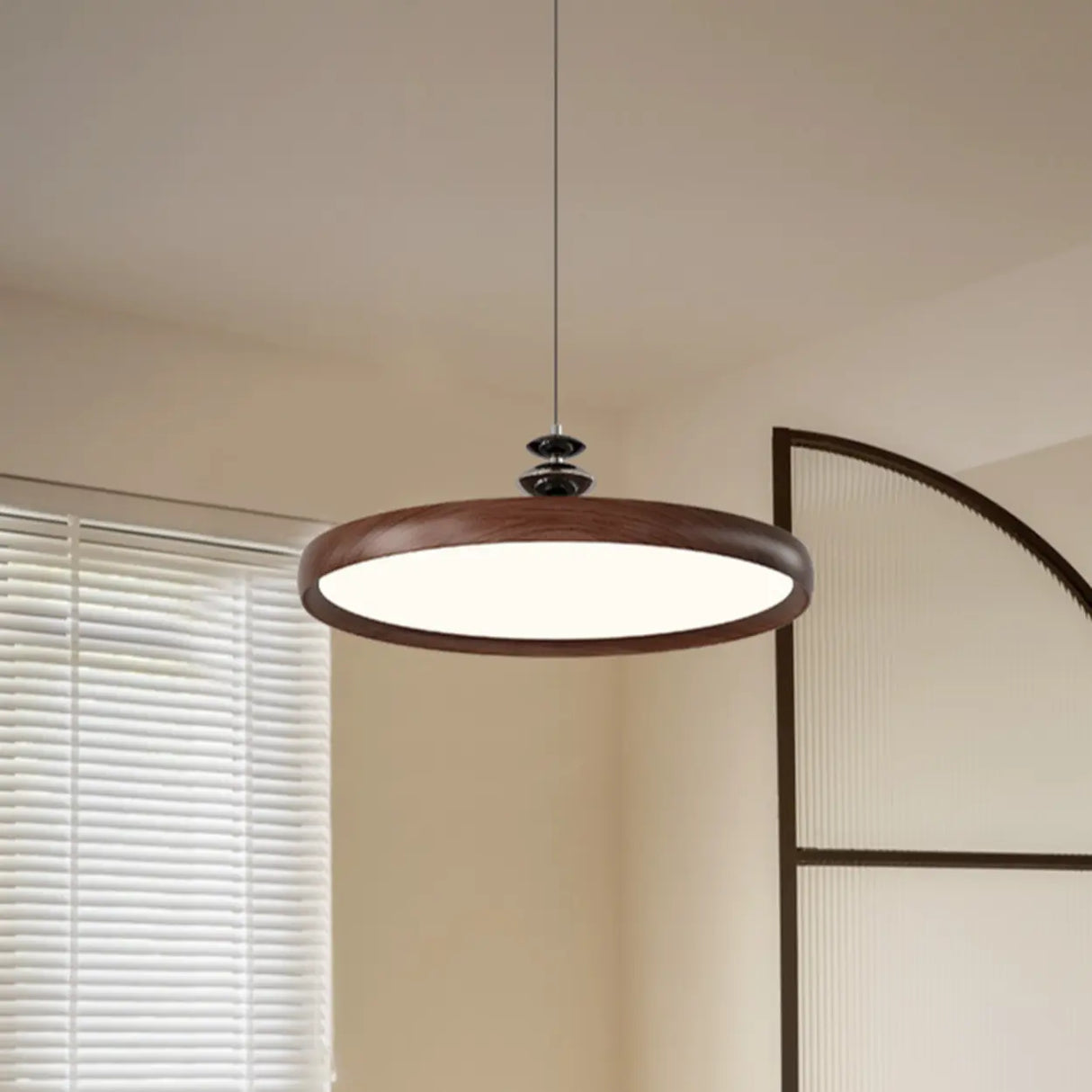 Contemporary Circle Acrylic Dining Room Walnut Pendant Light Image - 2