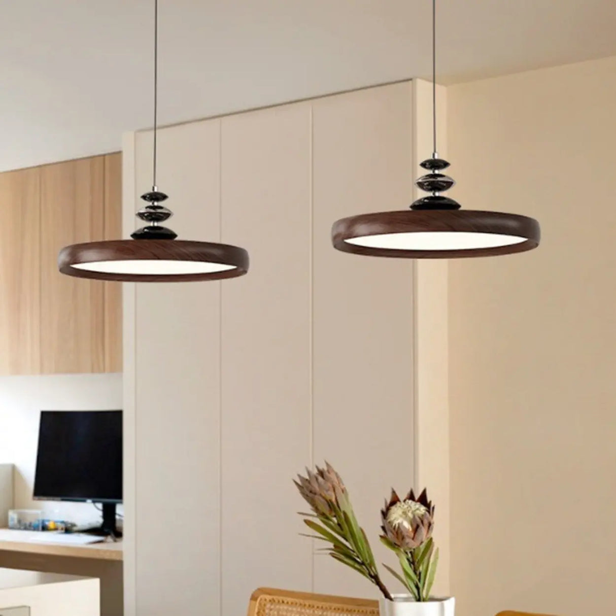 Contemporary Circle Acrylic Dining Room Walnut Pendant Light Image - 3