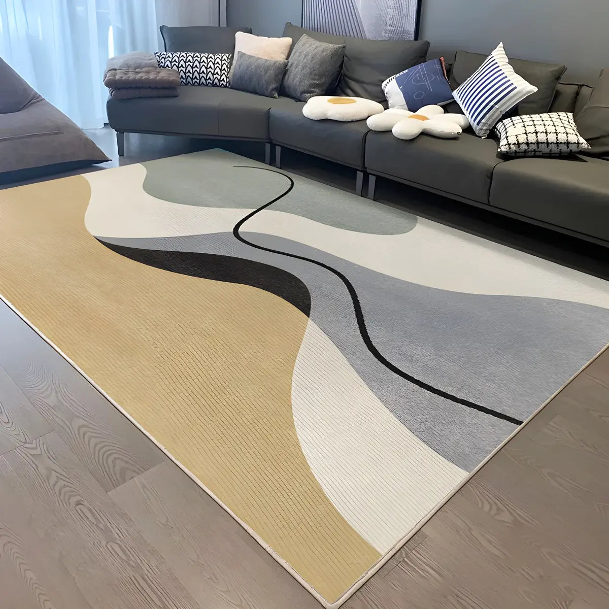 Contemporary Color Block Polyester Morandi Area Rug Image - 11