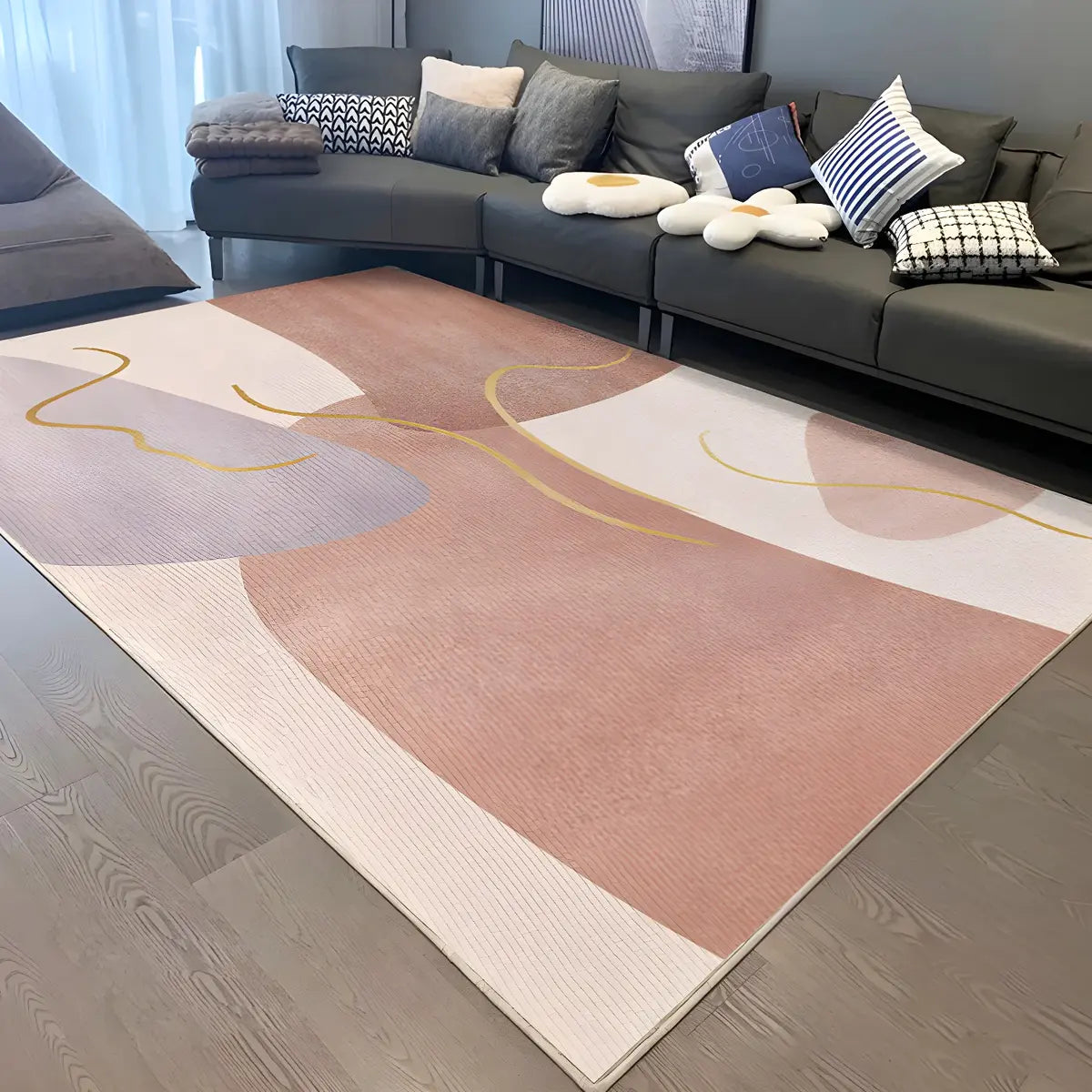 Contemporary Color Block Polyester Morandi Area Rug Image - 9