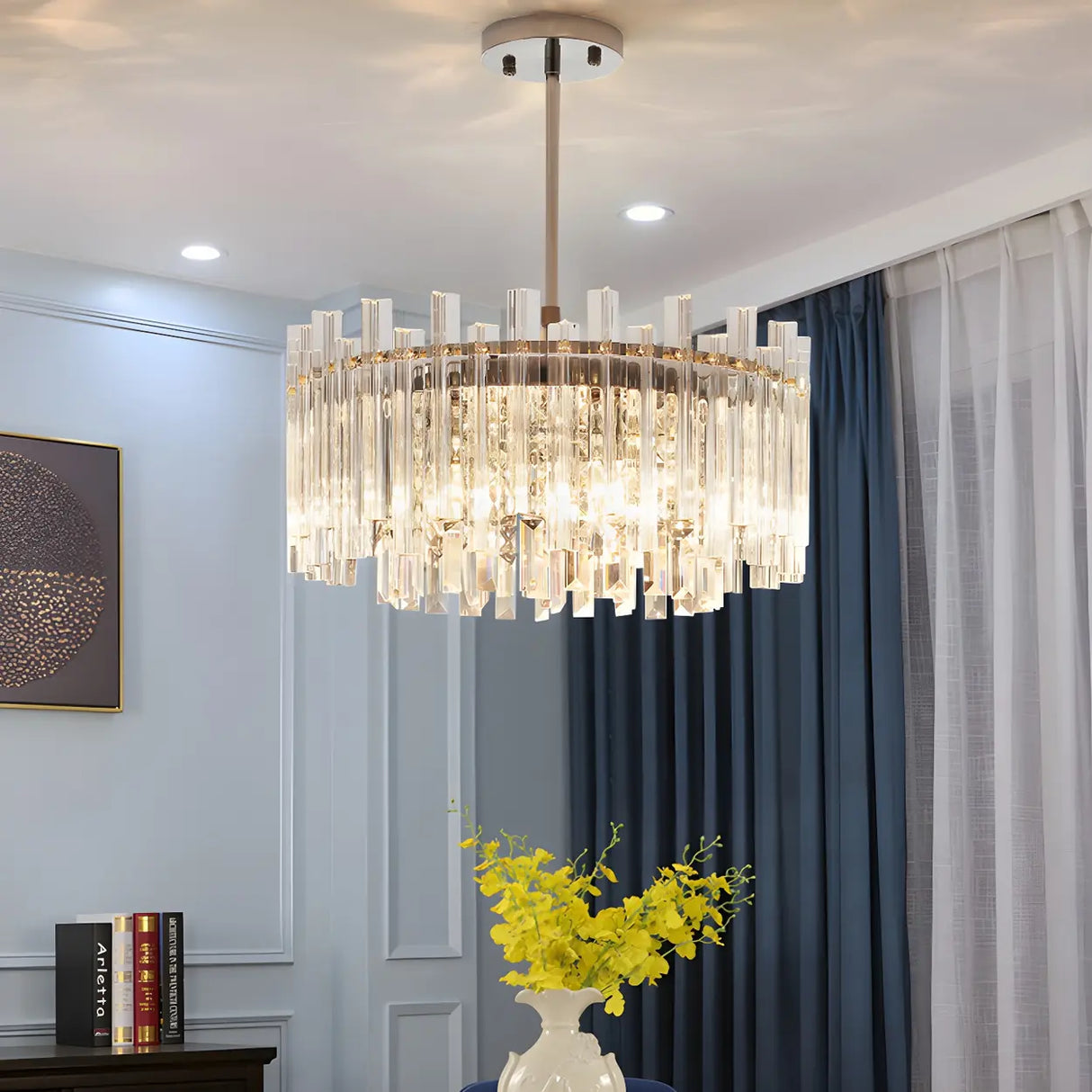 Contemporary Crystal Clear Prism Drum Pendant Chandelier Image - 1