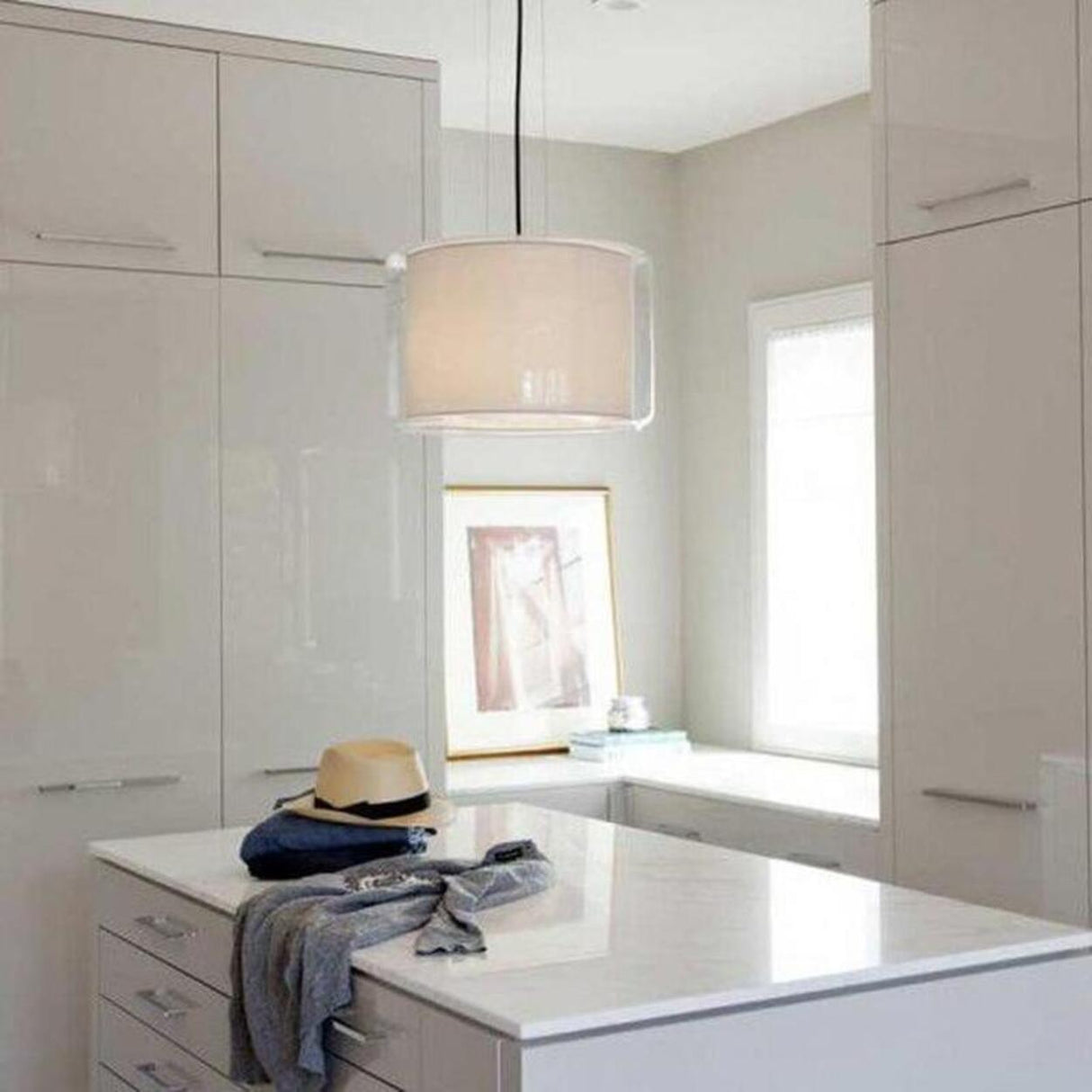Contemporary Cylinder Fabric and Glass Pendant Light Image - 2