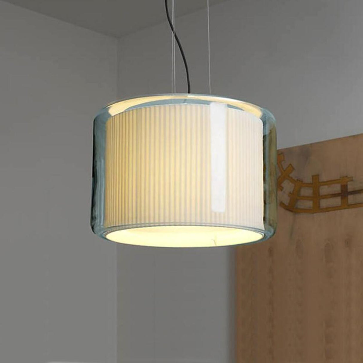 Contemporary Cylinder Fabric and Glass Pendant Light Image - 3