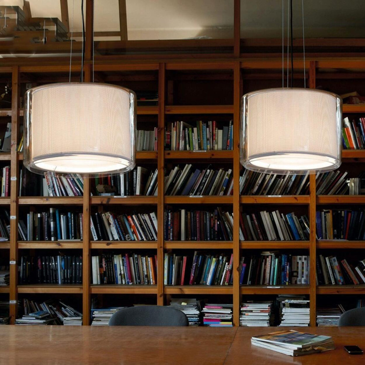 Contemporary Cylinder Fabric and Glass Pendant Light Image - 4