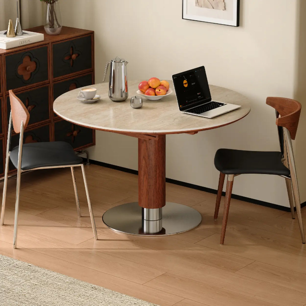 Contemporary Extendable Stone Round Top Metal Base Dining Table Image - 6