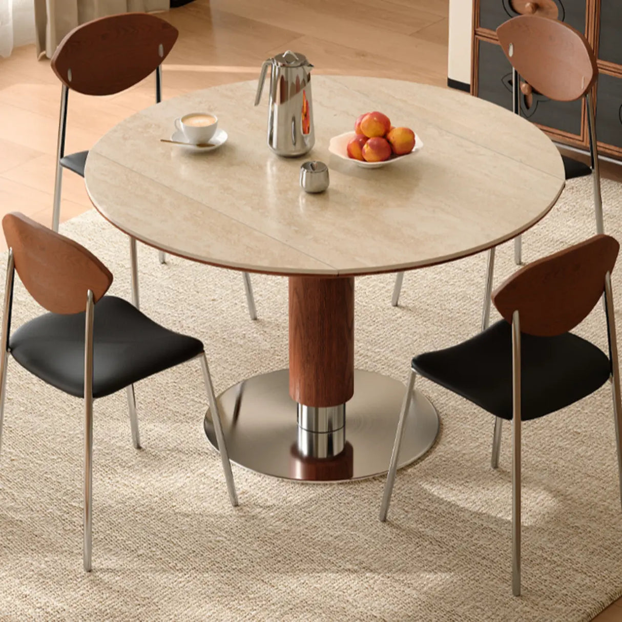 Contemporary Extendable Stone Round Top Metal Base Dining Table Image - 8