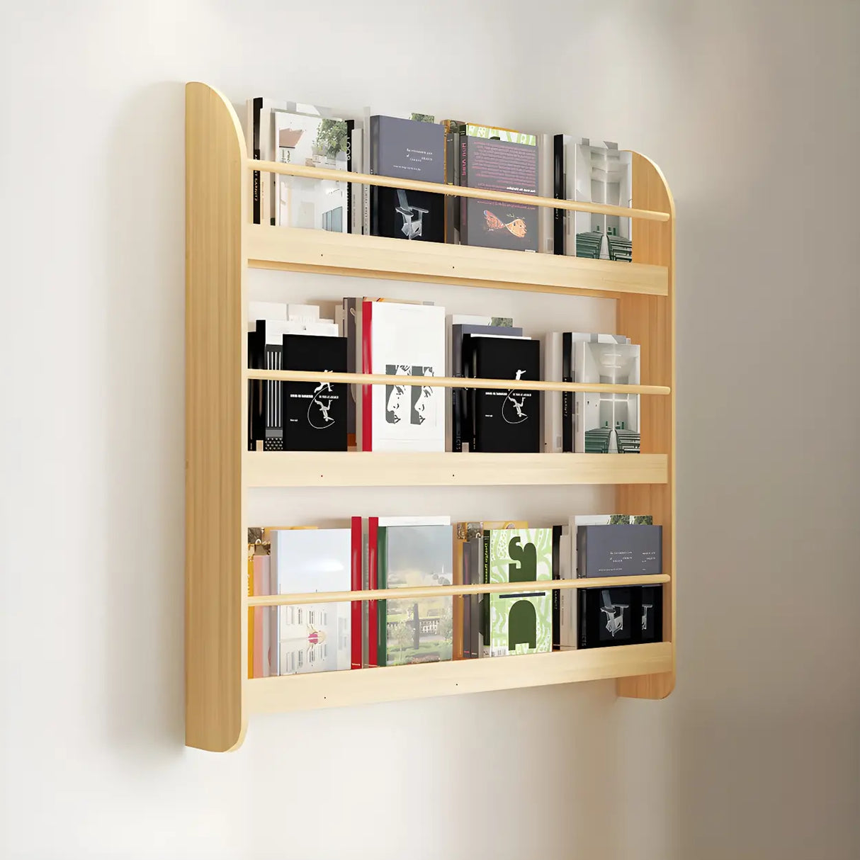 Contemporary Floating Wall Shelf Natural Wood Bookcase Image - 11