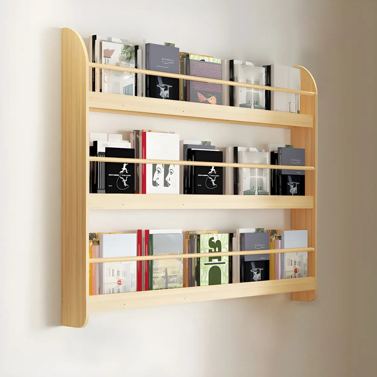 Contemporary Floating Wall Shelf Natural Wood Bookcase Image - 13