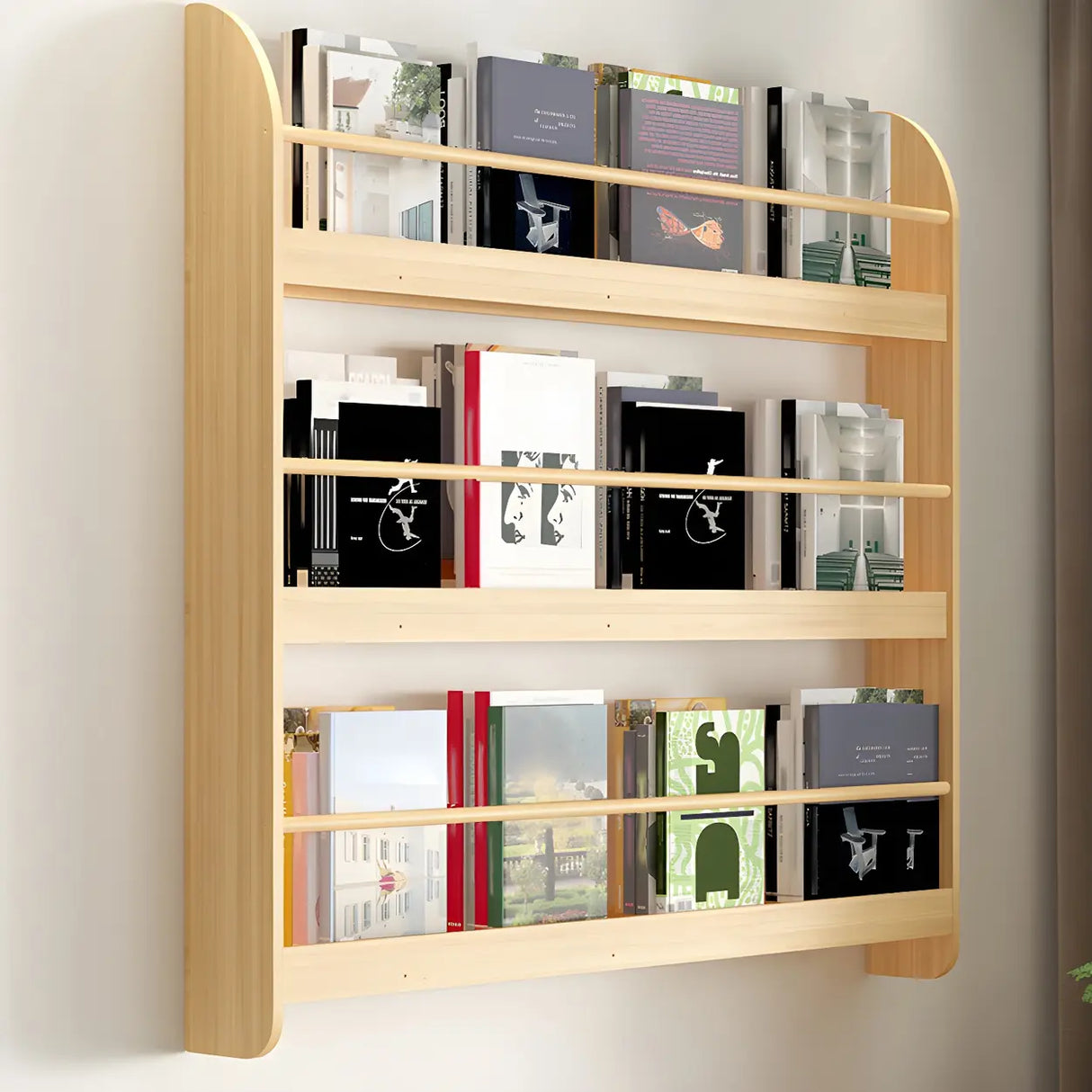 Contemporary Floating Wall Shelf Natural Wood Bookcase Image - 4