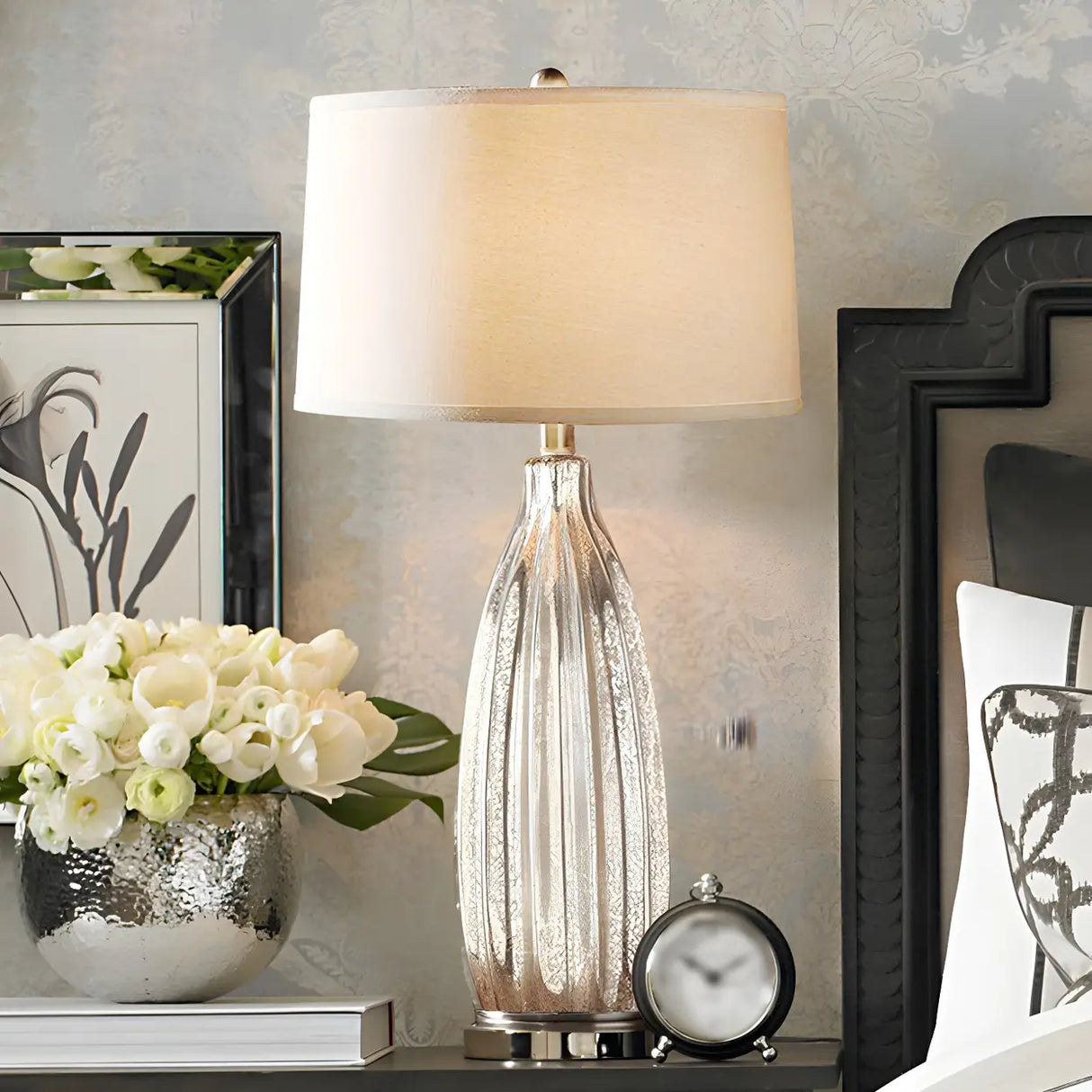 Contemporary Glass Base Fabric Drum Shade Table Lamp Image - 2