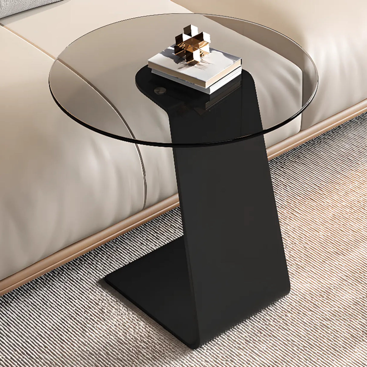 Contemporary Glass Black Circular Steel Base Side Table Image - 4