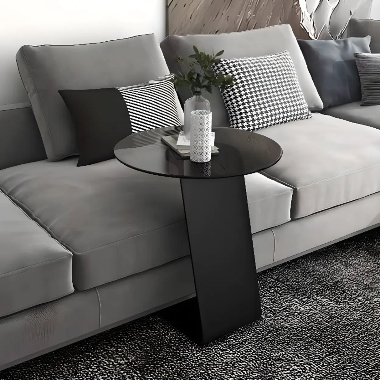 Contemporary Glass Black Circular Steel Base Side Table Image - 6