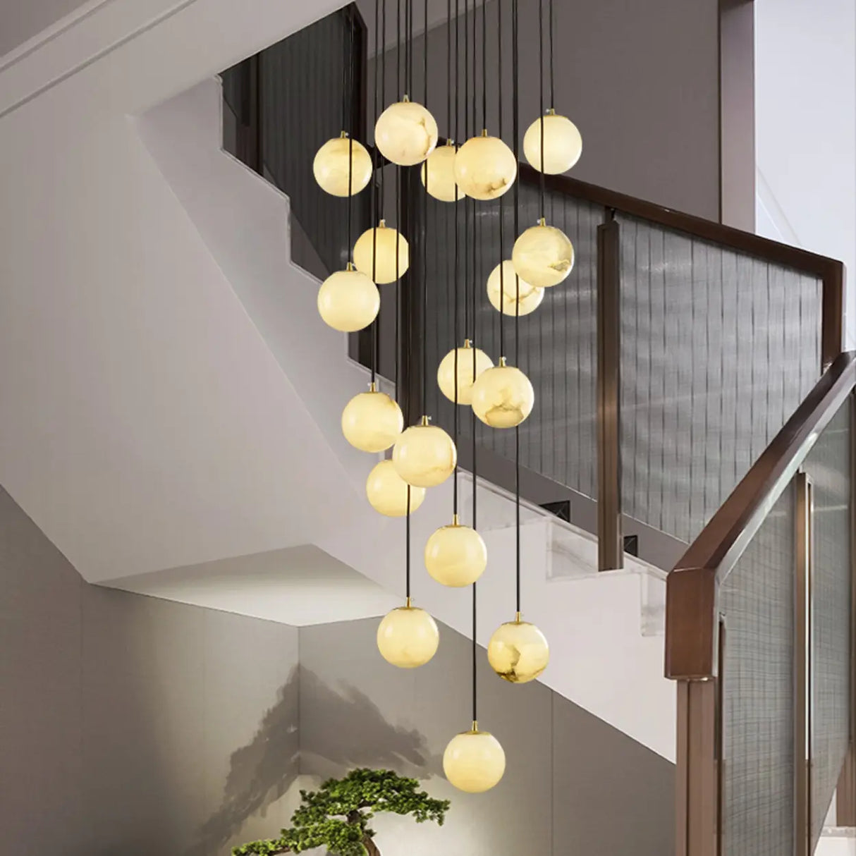 Contemporary Globe Cluster Alabaster Staircase Pendant Light Image - 1