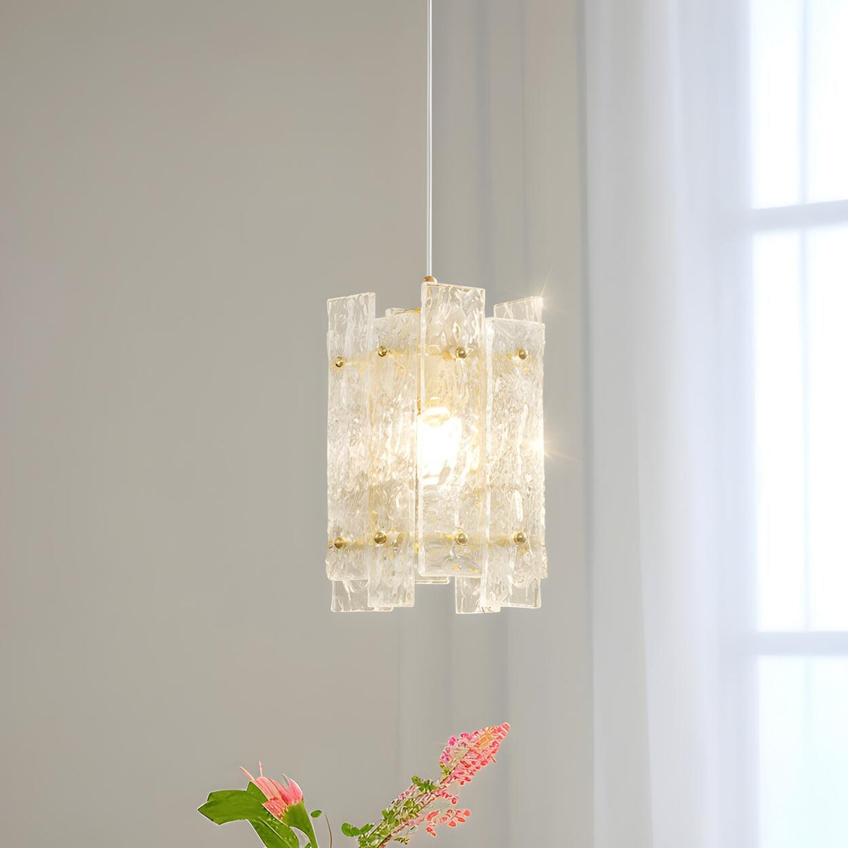 Contemporary Gold Clear Glass Cylinder Panel Pendant Light Image - 6