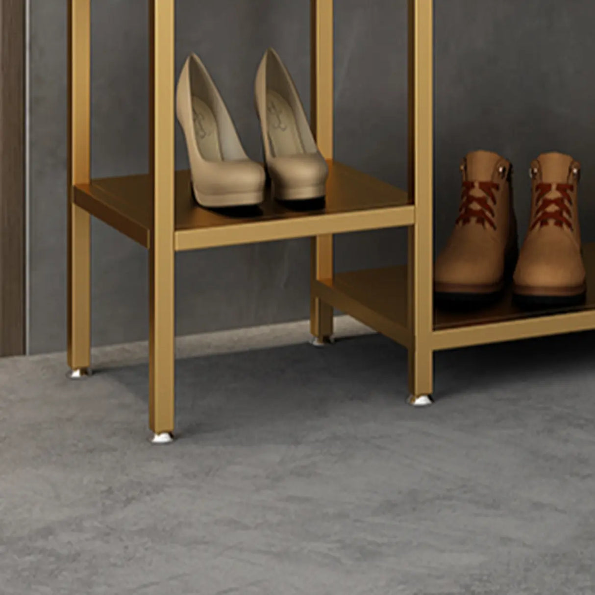 Contemporary Gold Metal Shelves and Hooks Coat Rack Image - 10