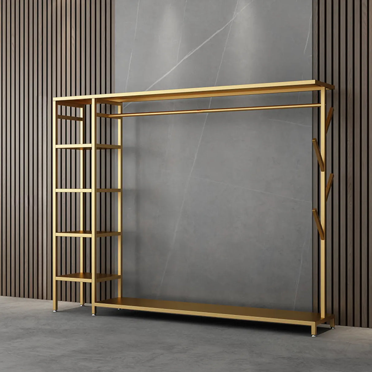 Contemporary Gold Metal Shelves and Hooks Coat Rack Image - 11