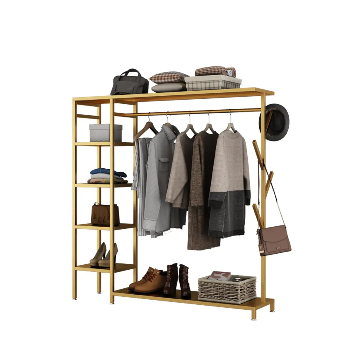 Contemporary Gold Metal Shelves and Hooks Coat Rack Image - 12
