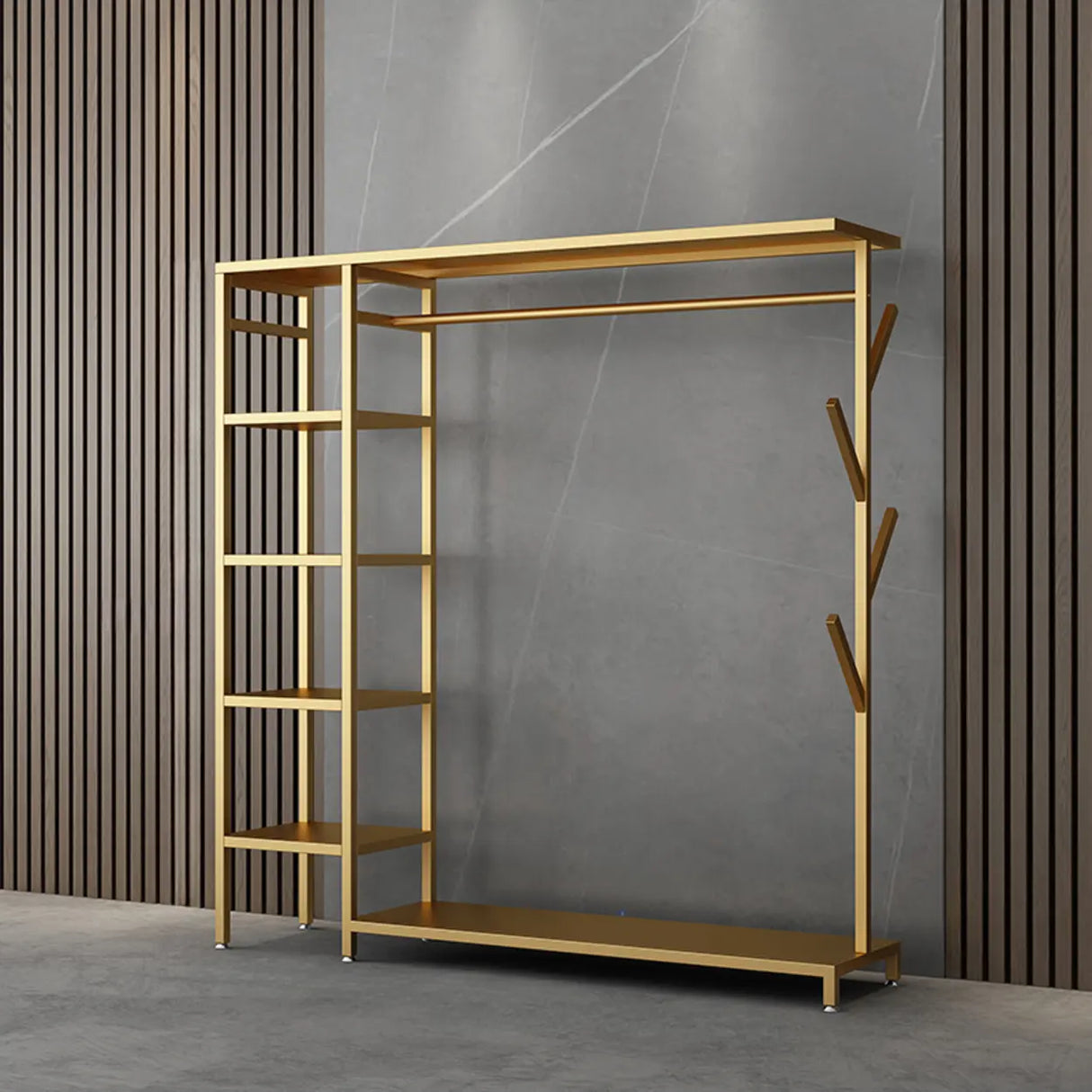 Contemporary Gold Metal Shelves and Hooks Coat Rack Image - 13