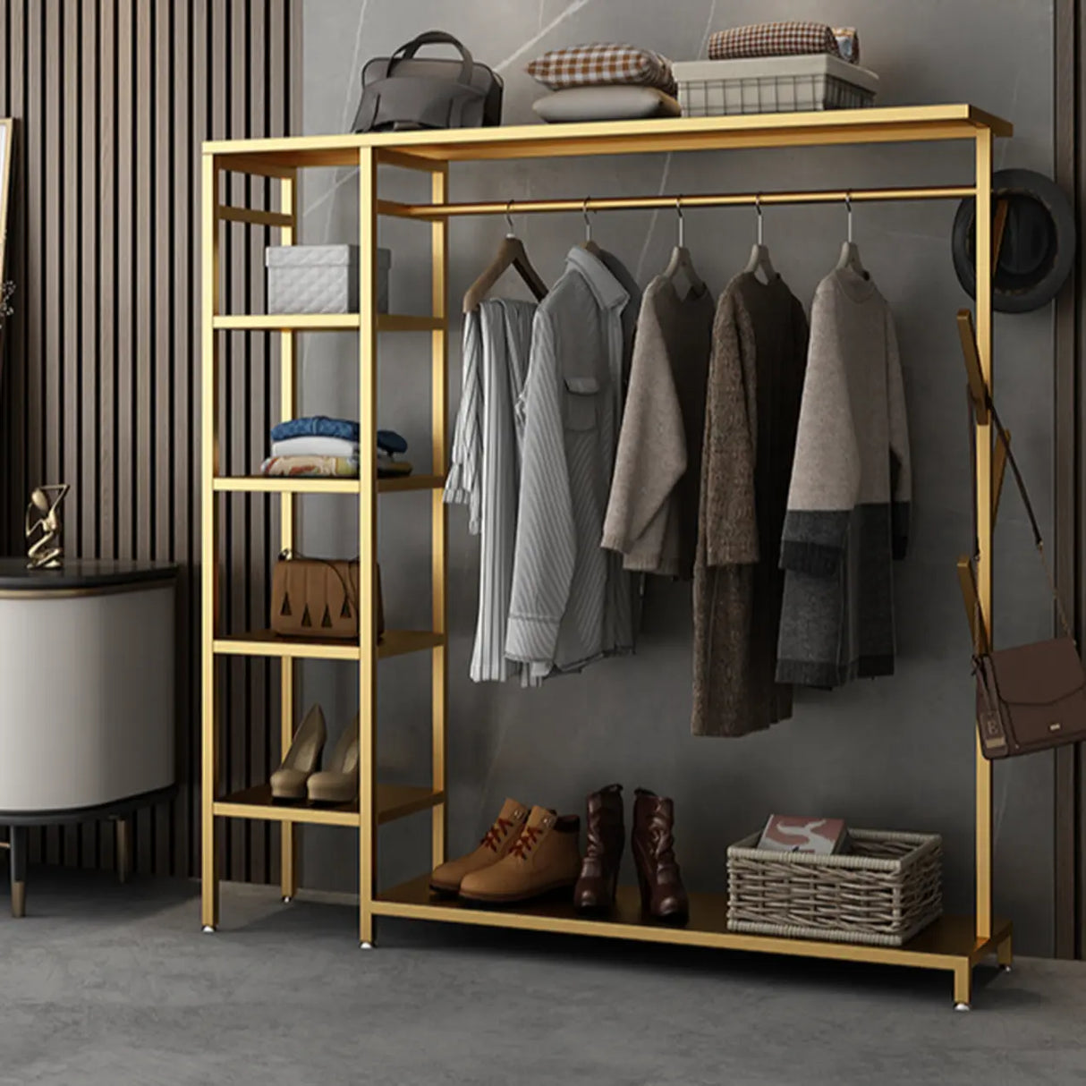 Contemporary Gold Metal Shelves and Hooks Coat Rack Image - 14