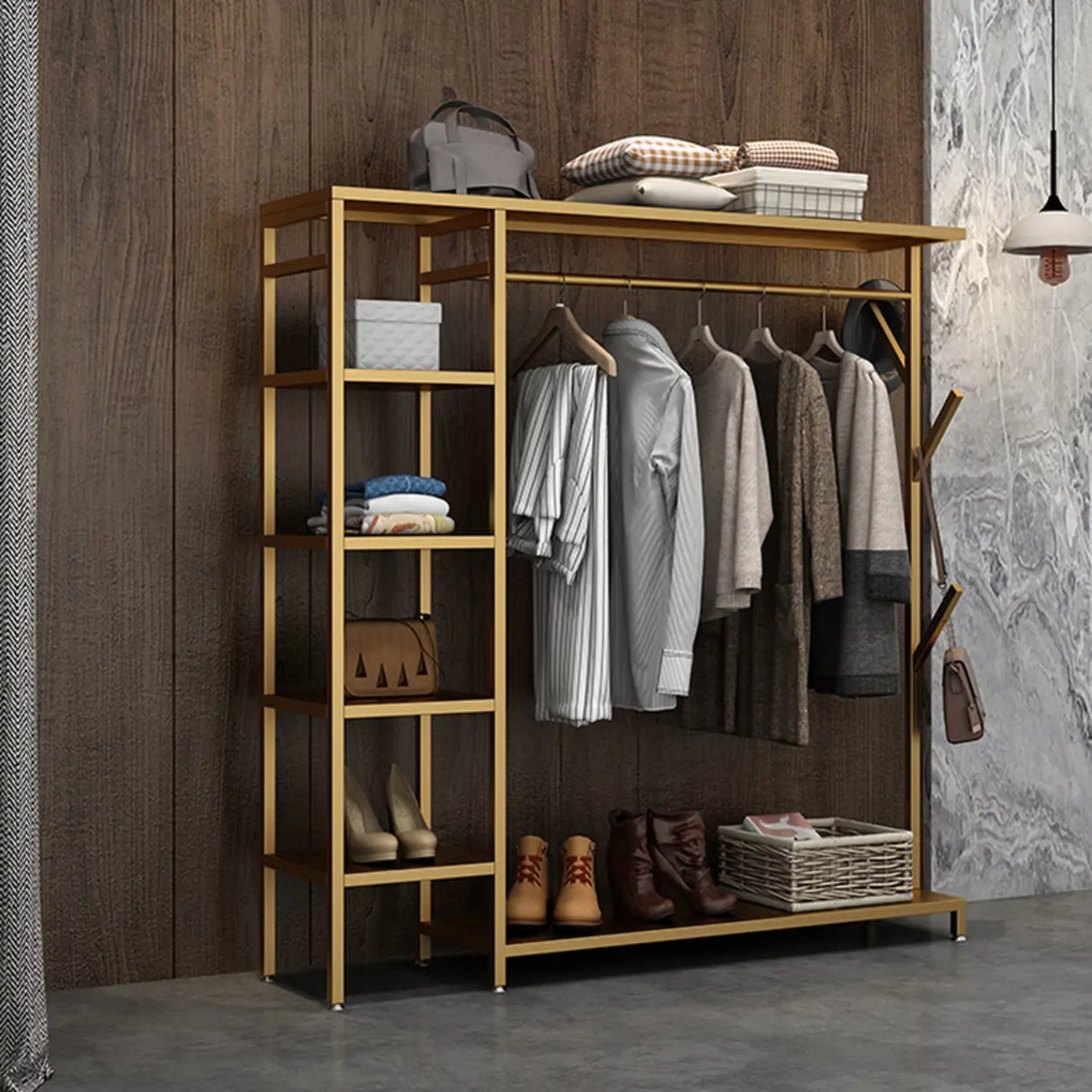 Contemporary Gold Metal Shelves and Hooks Coat Rack Image - 16