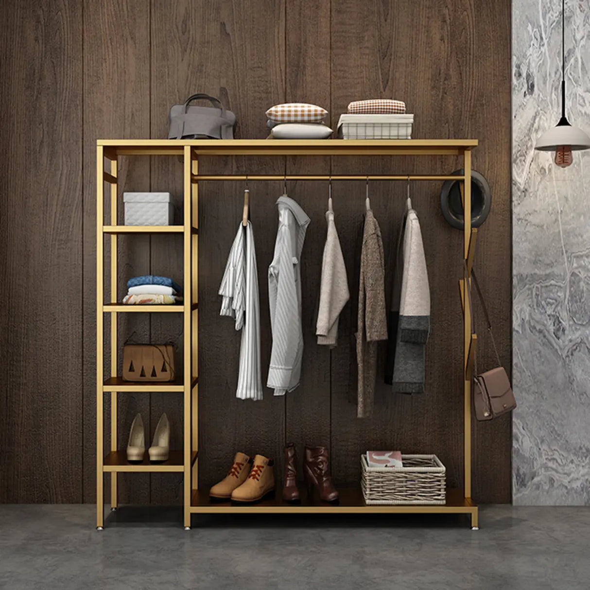 Contemporary Gold Metal Shelves and Hooks Coat Rack Image - 17