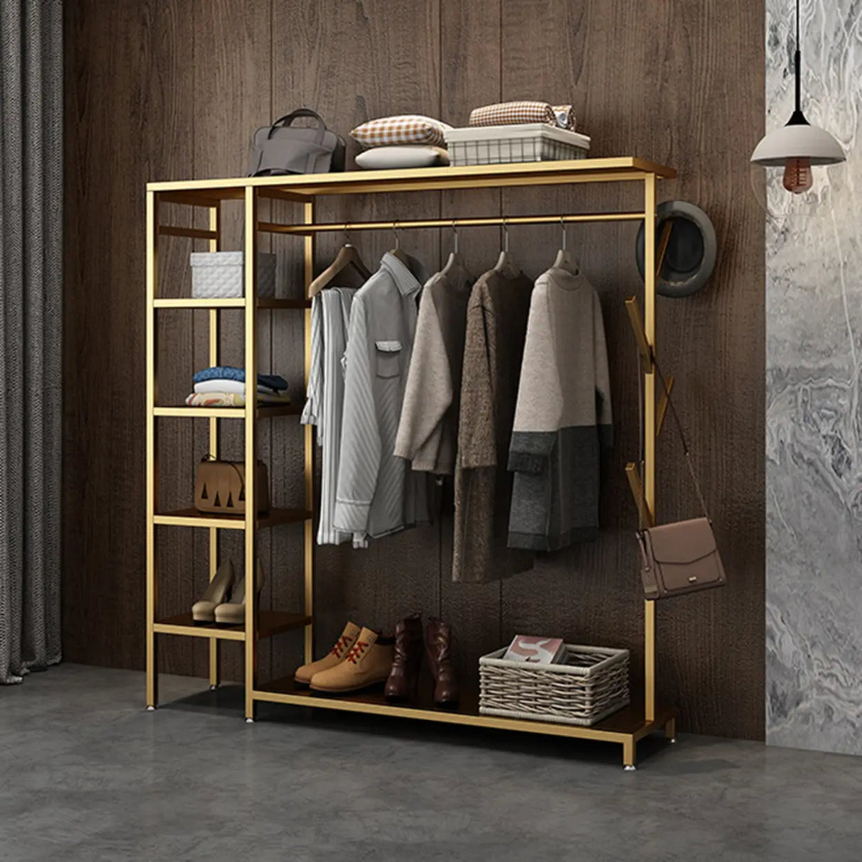 Contemporary Gold Metal Shelves and Hooks Coat Rack Image - 1