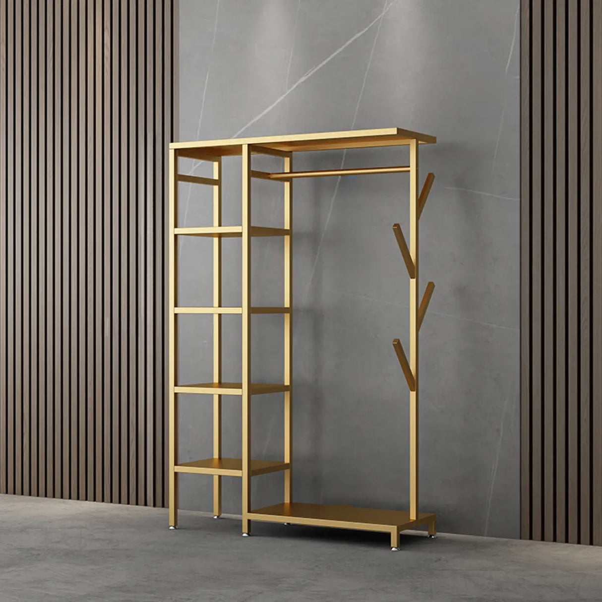 Contemporary Gold Metal Shelves and Hooks Coat Rack Image - 2