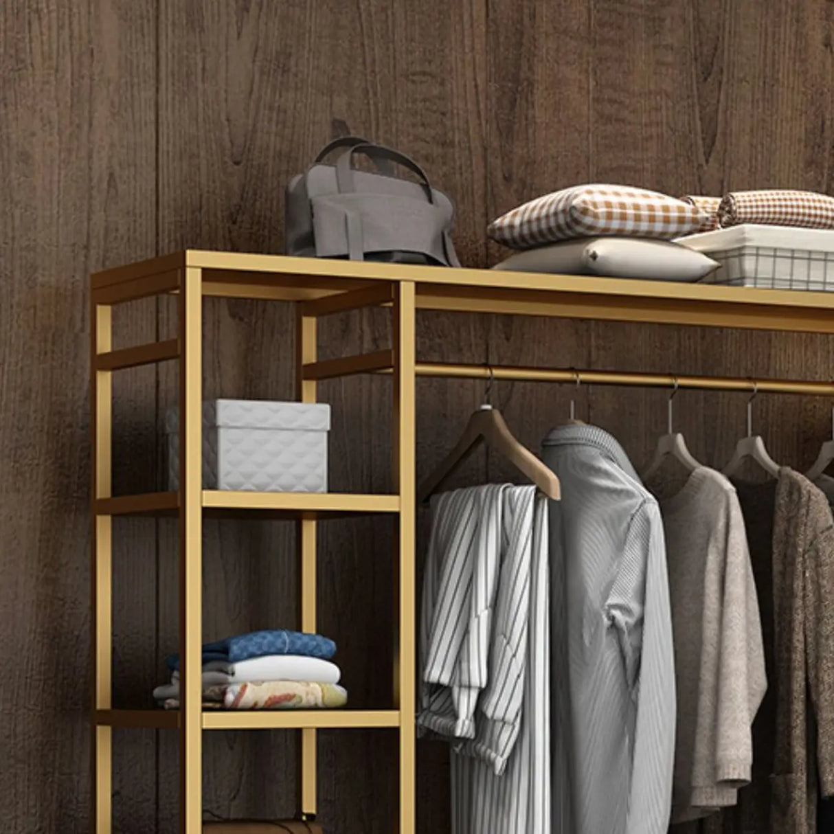 Contemporary Gold Metal Shelves and Hooks Coat Rack Image - 3