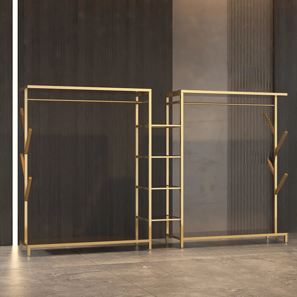 Contemporary Gold Metal Shelves and Hooks Coat Rack Image - 6