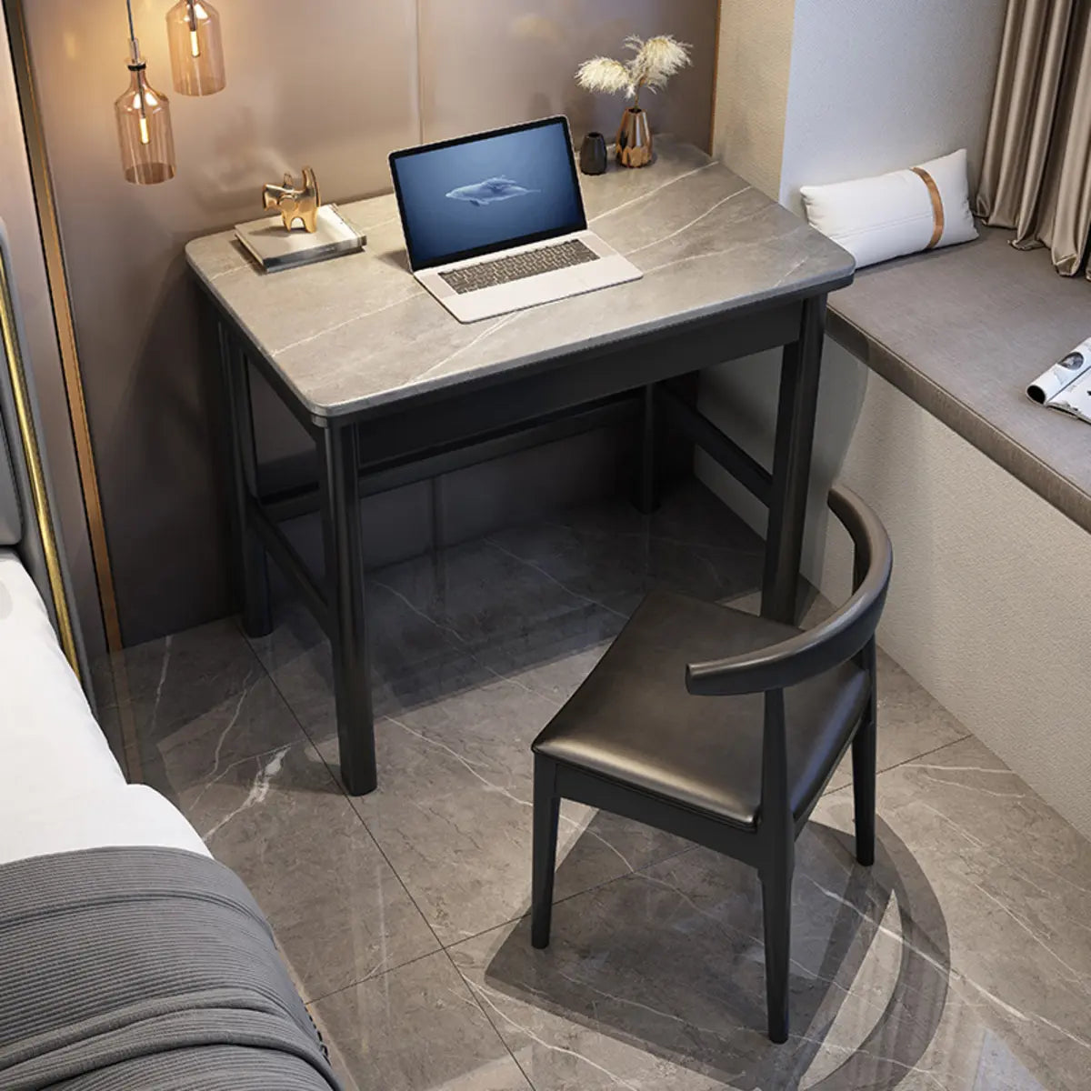 Contemporary Gray Stone Drawers H-Shape Computer Desk Image - 3