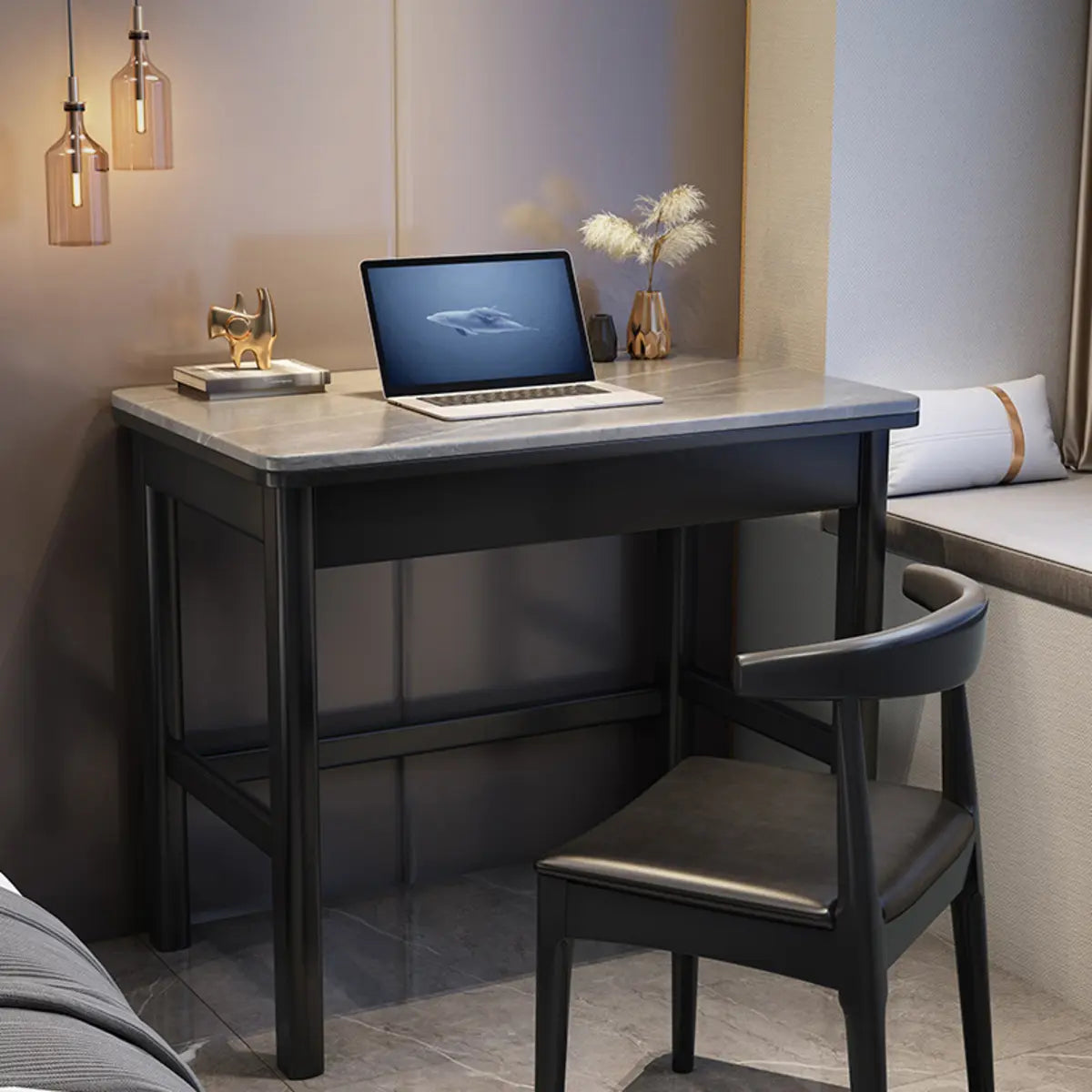 Contemporary Gray Stone Drawers H-Shape Computer Desk Image - 4