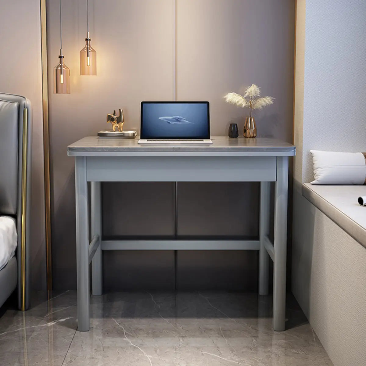 Contemporary Gray Stone Drawers H-Shape Computer Desk Image - 5