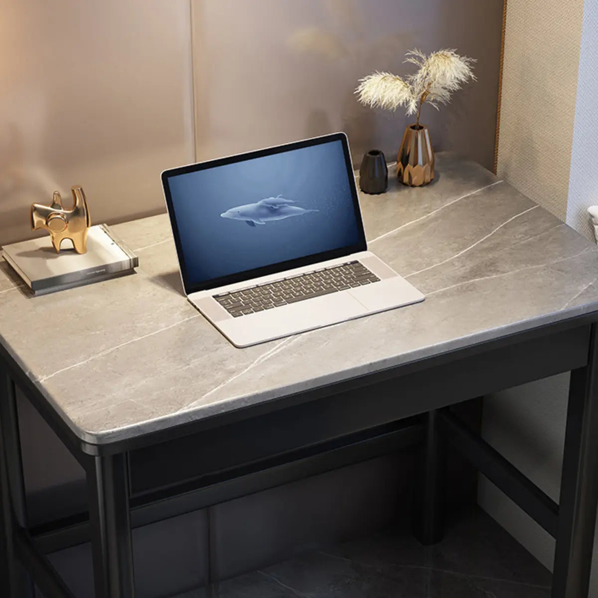 Contemporary Gray Stone Drawers H-Shape Computer Desk Image - 6