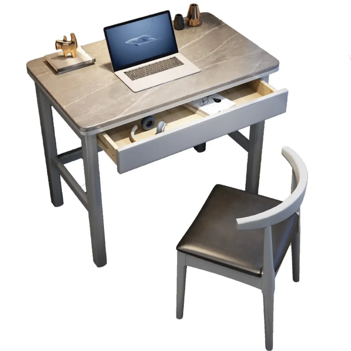 Contemporary Gray Stone Drawers H-Shape Computer Desk Image - 7
