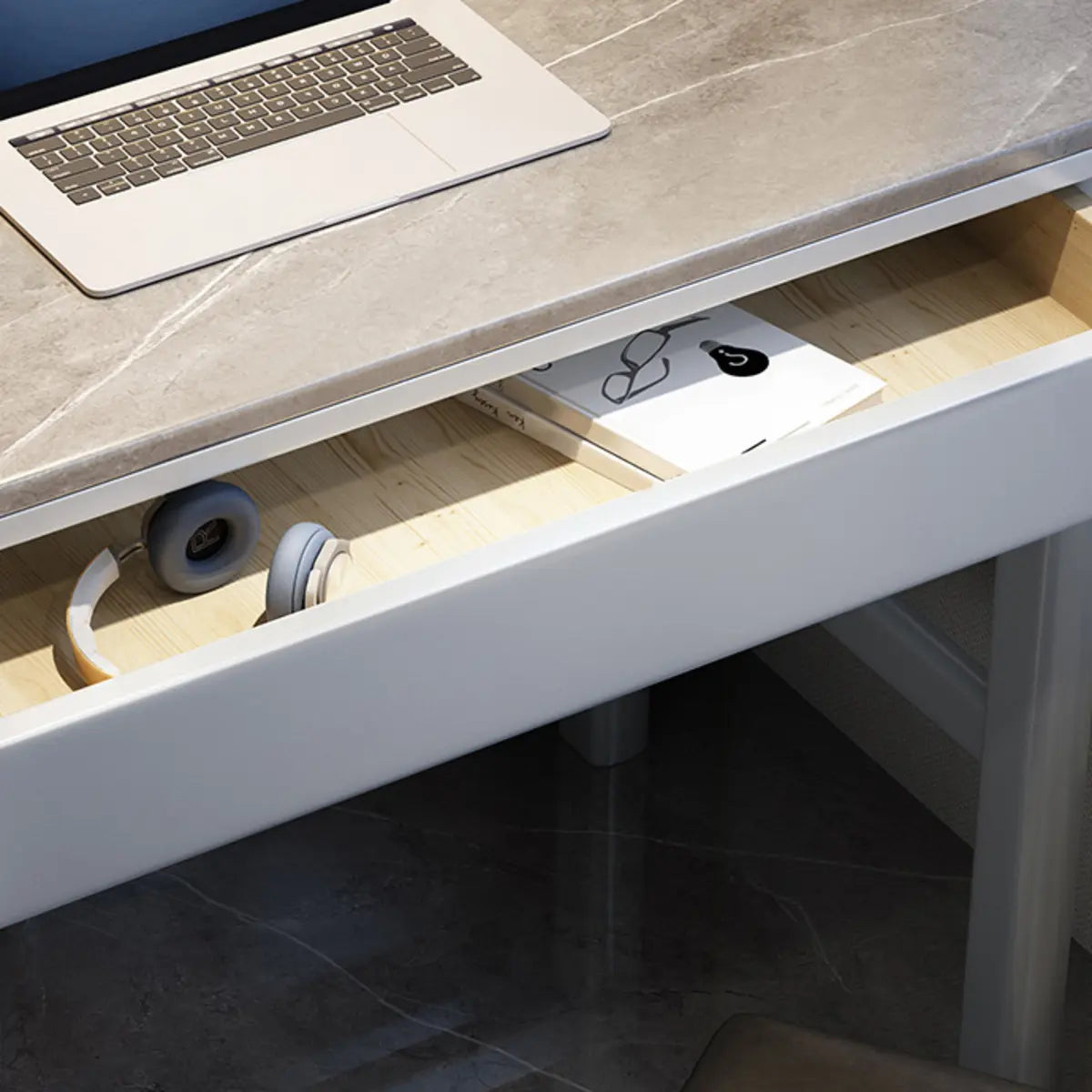 Contemporary Gray Stone Drawers H-Shape Computer Desk Image - 8