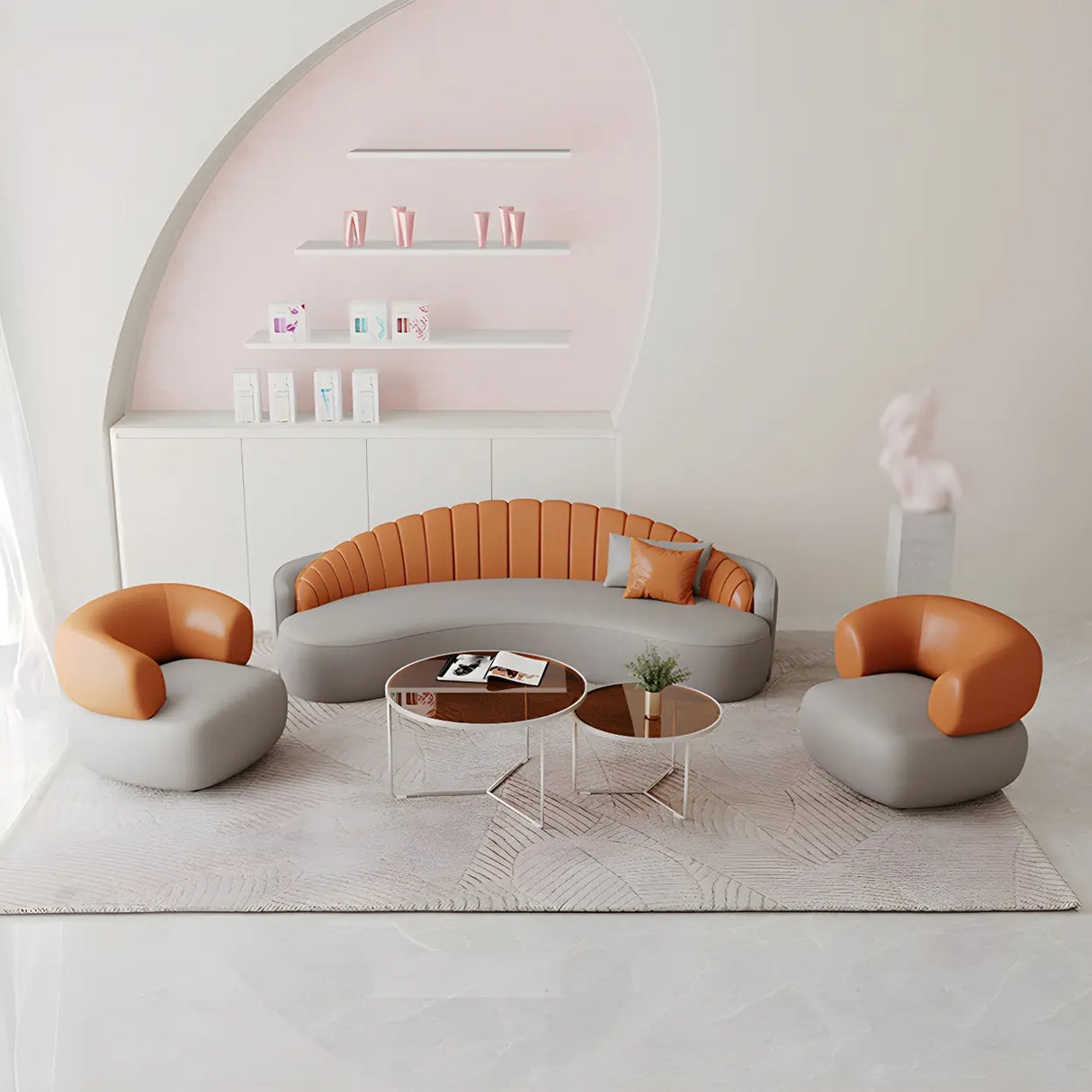 Contemporary Gray Water Resistant Leather Curved Sofa Image - 1