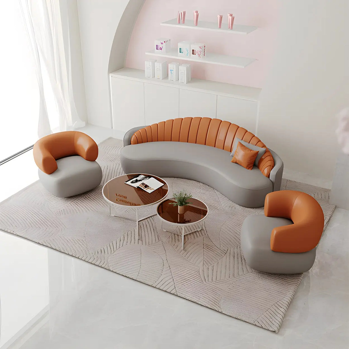 Contemporary Gray Water Resistant Leather Curved Sofa Image - 2