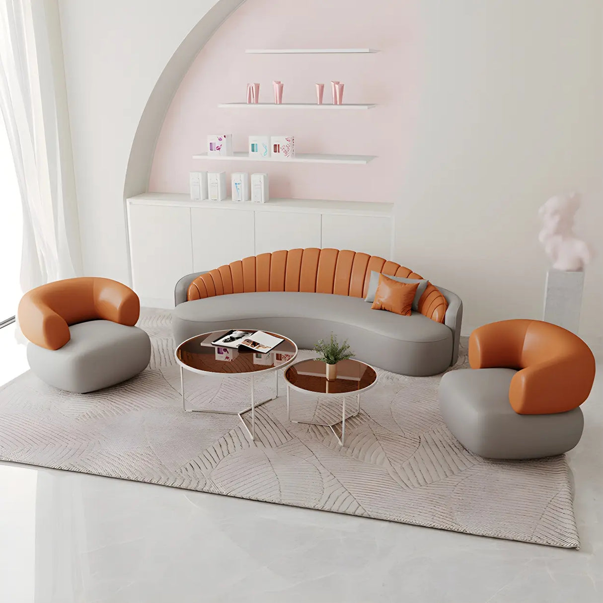 Contemporary Gray Water Resistant Leather Curved Sofa Image - 3