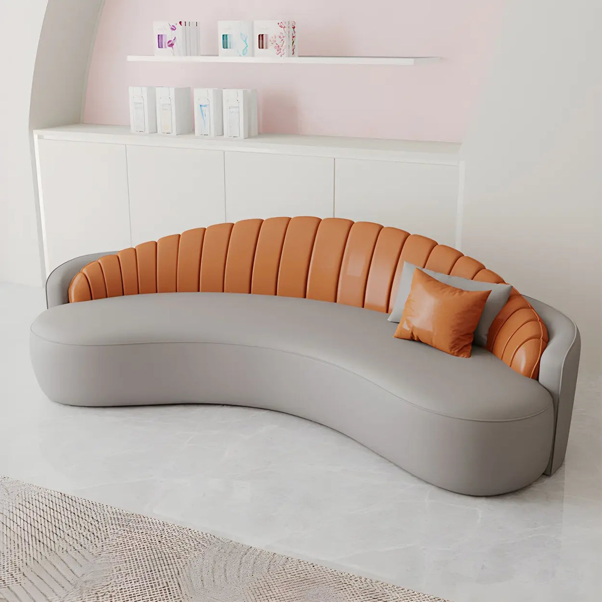 Contemporary Gray Water Resistant Leather Curved Sofa Image - 4