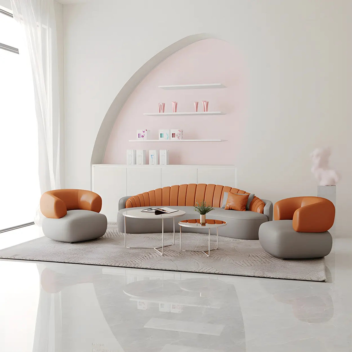 Contemporary Gray Water Resistant Leather Curved Sofa Image - 9