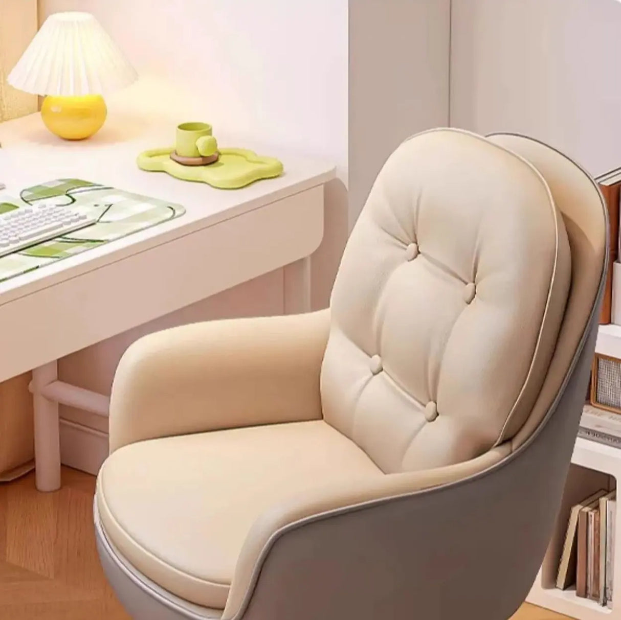 Contemporary Ivory Wood Frame Ergonomic Leather Office Chair Image - 4