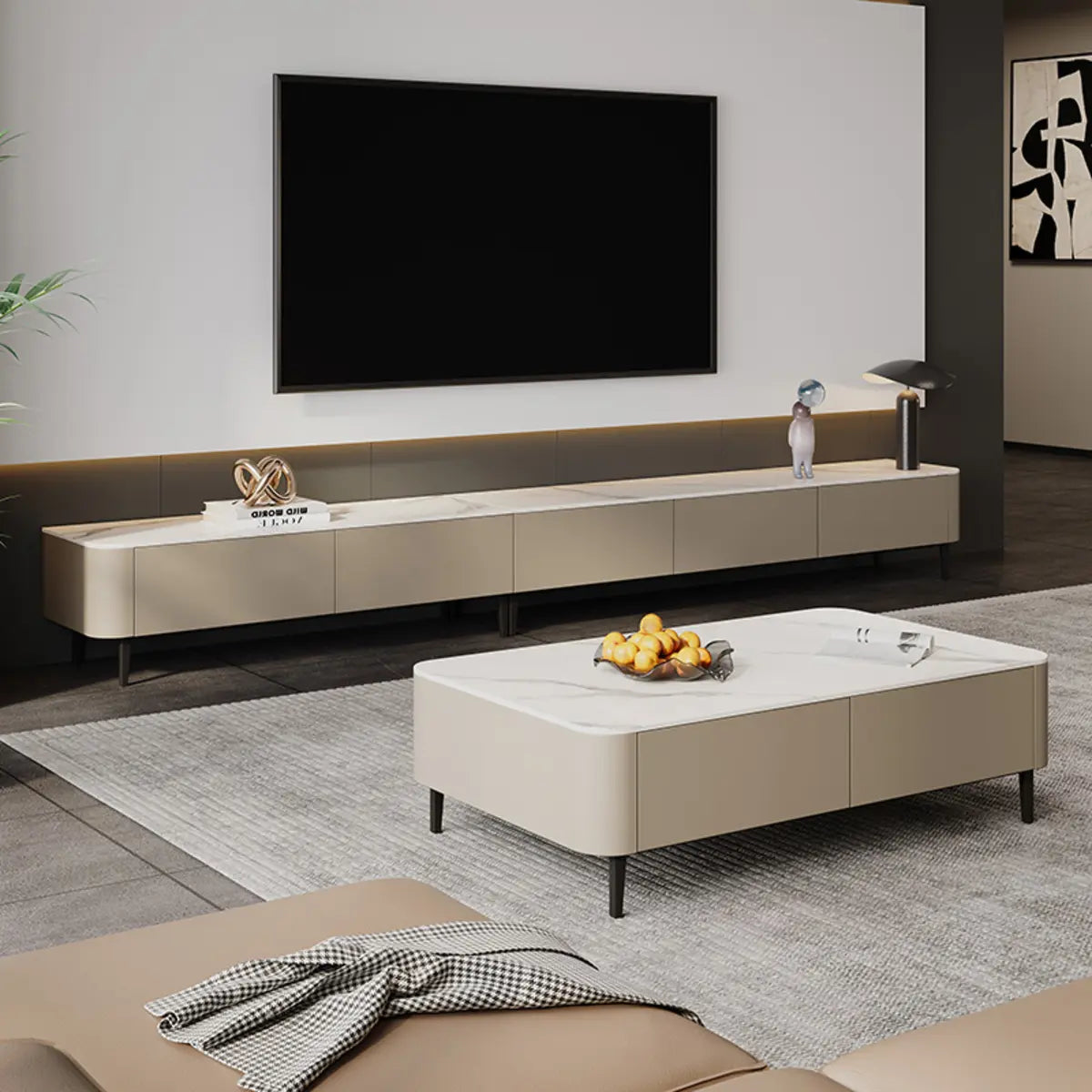 Contemporary Khaki Stone Long TV Stand with Drawers Image - 1