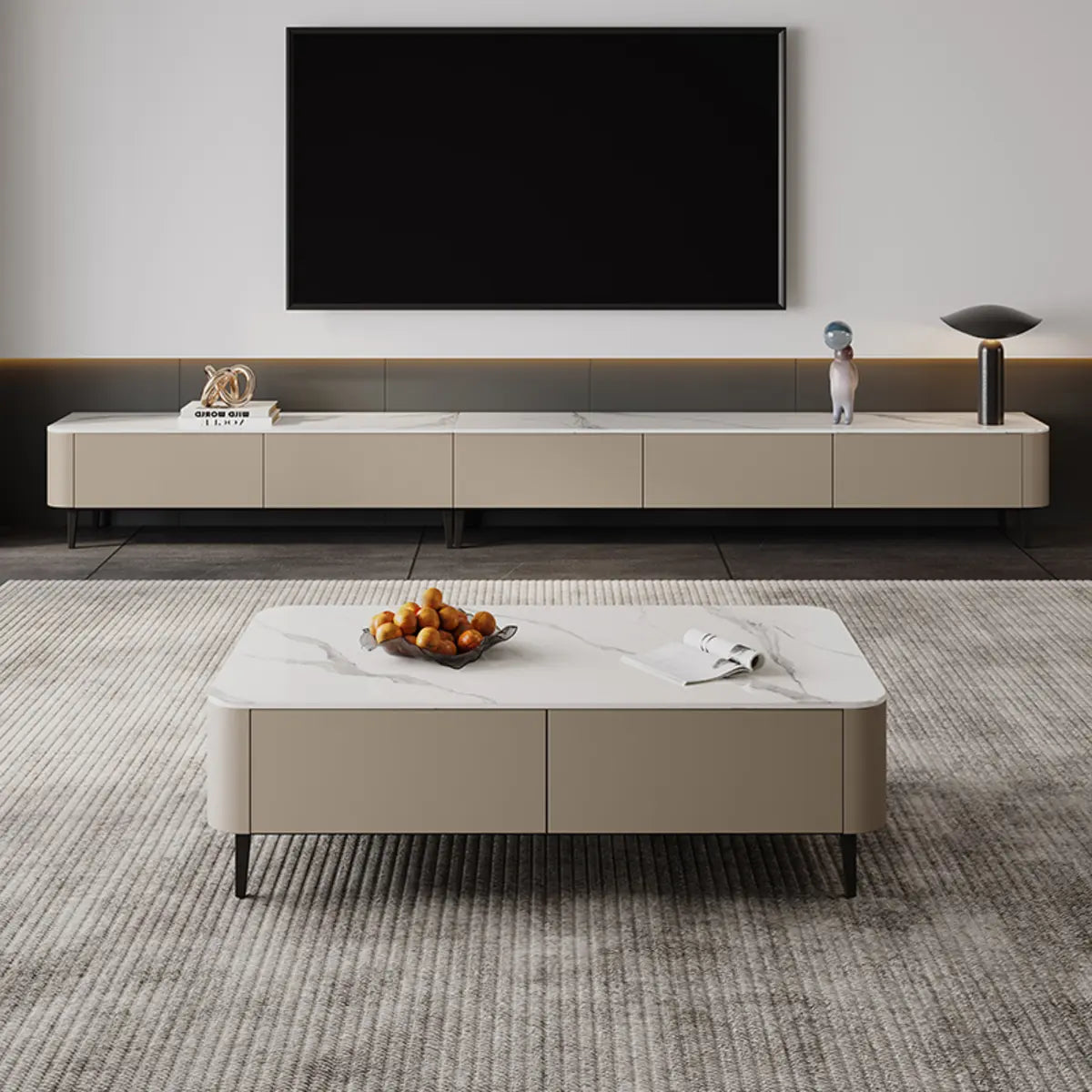 Contemporary Khaki Stone Long TV Stand with Drawers Image - 4