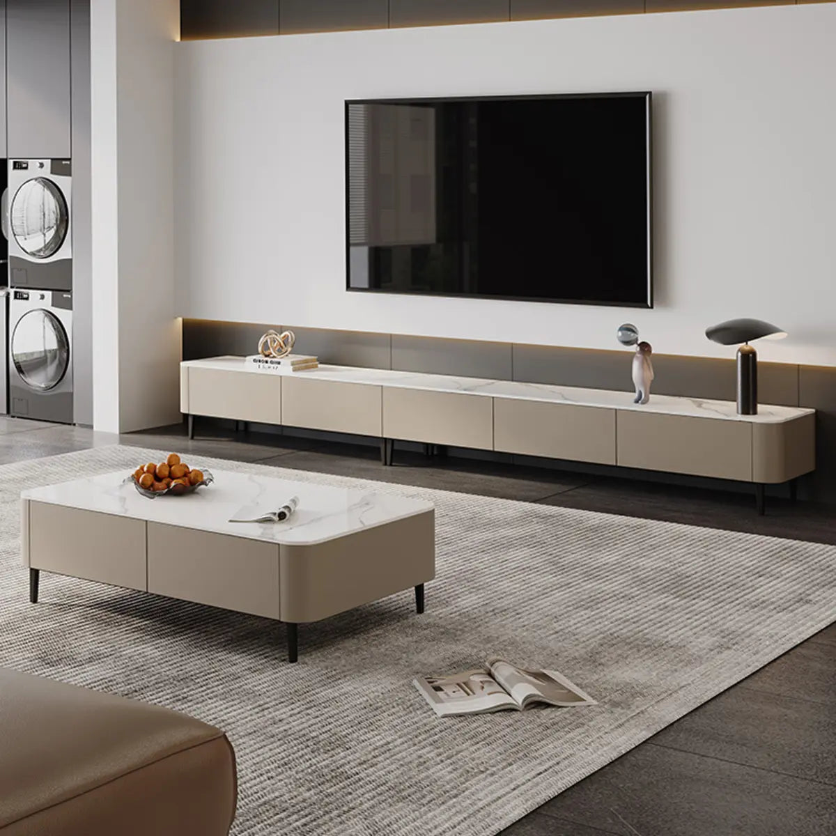 Contemporary Khaki Stone Long TV Stand with Drawers Image - 6