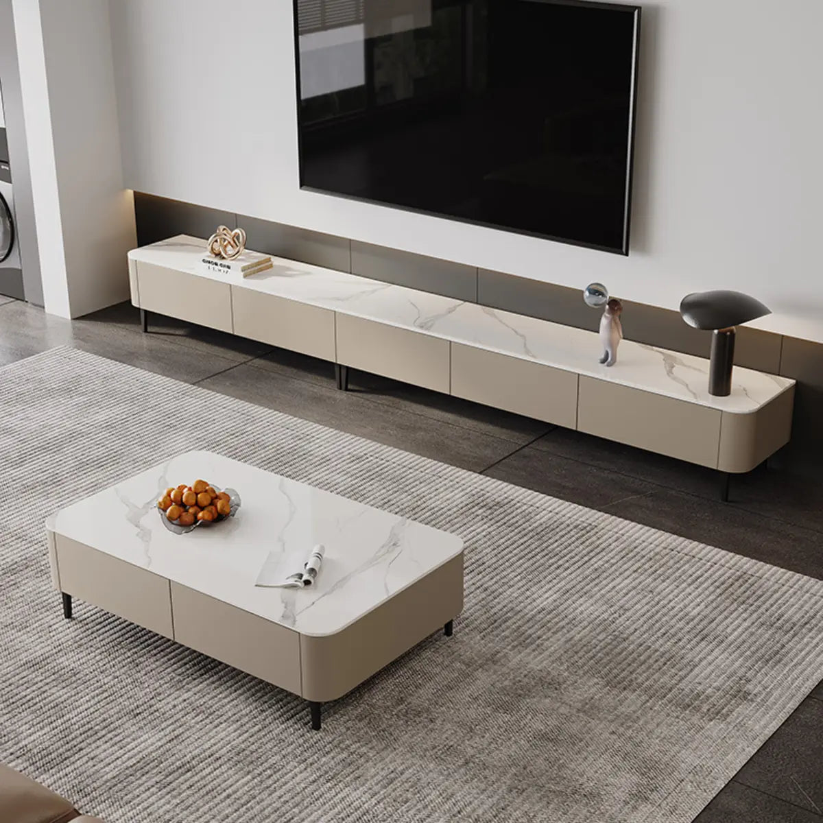 Contemporary Khaki Stone Long TV Stand with Drawers Image - 8